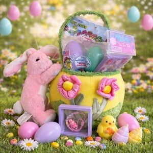 EASTER BASKET Labubu Bracelet & Stuffed Bunny & Other Toys Pink Yellow Green NEW